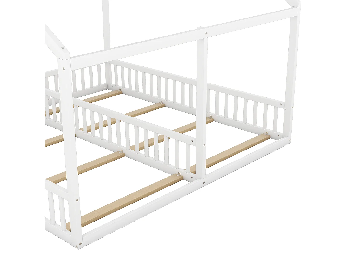 Lit Enfant 2-en-1 90 x 200 cm - 2 Lits Côté à Côté Avec Barrières De Sécurité Et Toit Design - En Pin+MDF - Blanc - Sans Matelas - Maison