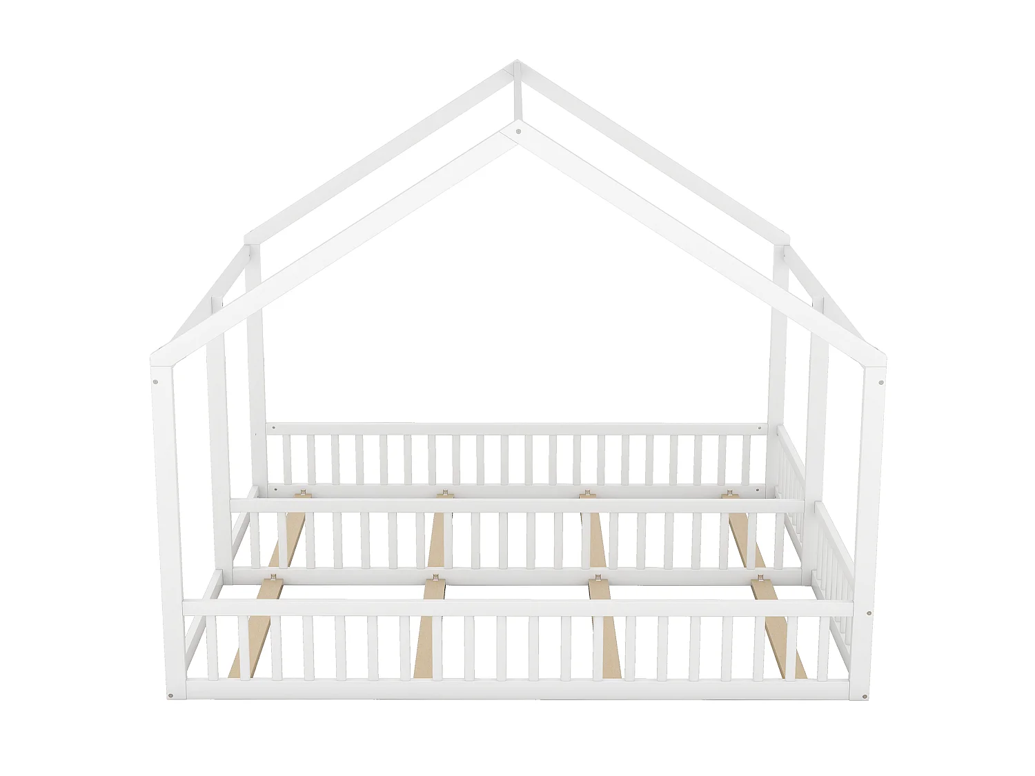 Lit Enfant 2-en-1 90 x 200 cm - 2 Lits Côté à Côté Avec Barrières De Sécurité Et Toit Design - En Pin+MDF - Blanc - Sans Matelas - Maison