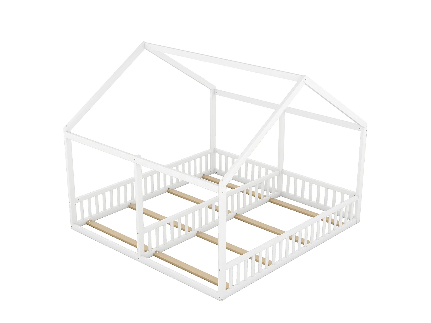 Lit Enfant 2-en-1 90 x 200 cm - 2 Lits Côté à Côté Avec Barrières De Sécurité Et Toit Design - En Pin+MDF - Blanc - Sans Matelas - Maison