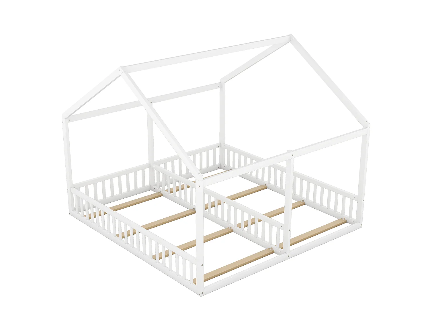 Lit Enfant 2-en-1 90 x 200 cm - 2 Lits Côté à Côté Avec Barrières De Sécurité Et Toit Design - En Pin+MDF - Blanc - Sans Matelas - Maison