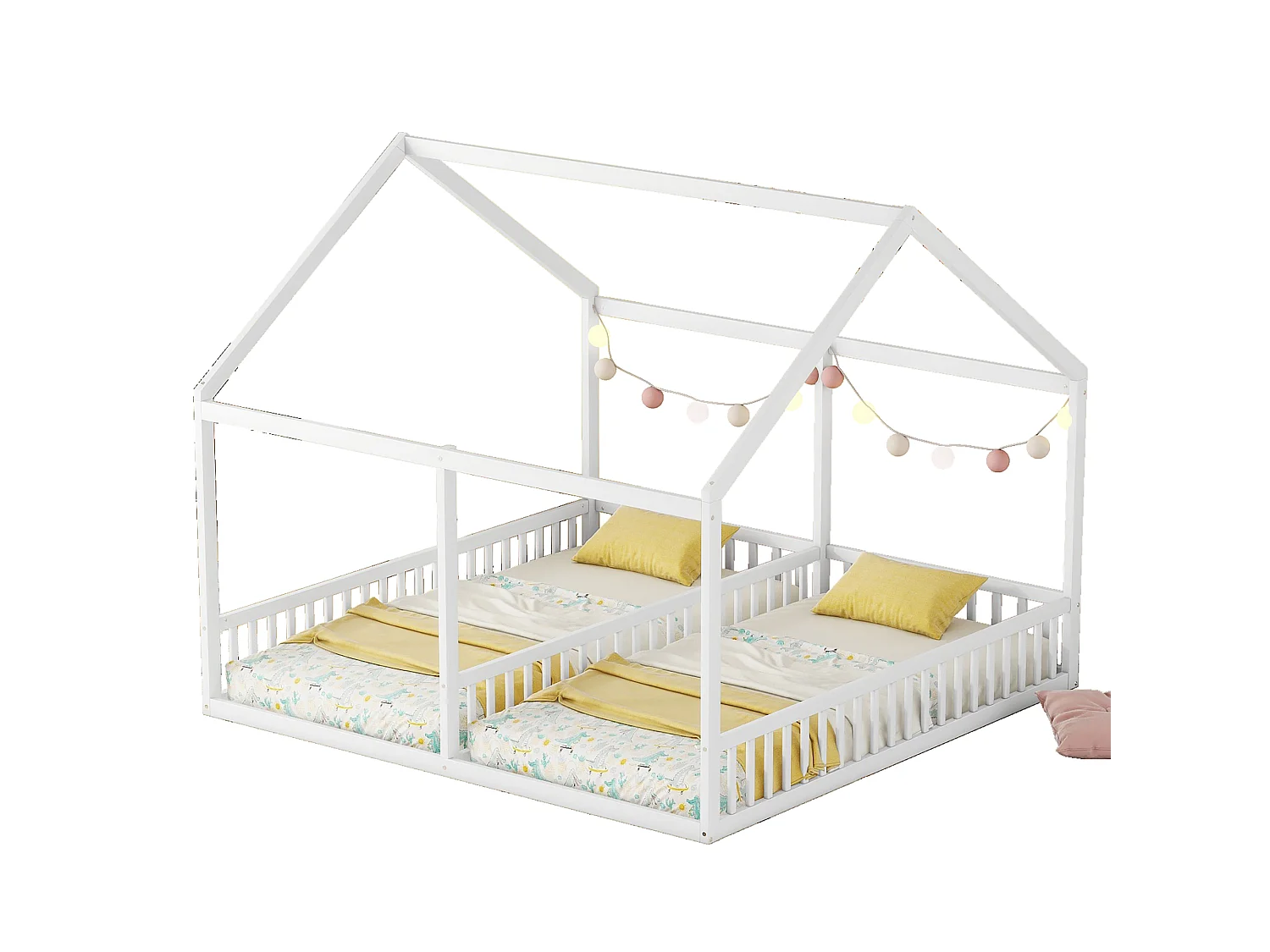Lit Enfant 2-en-1 90 x 200 cm - 2 Lits Côté à Côté Avec Barrières De Sécurité Et Toit Design - En Pin+MDF - Blanc - Sans Matelas - Maison