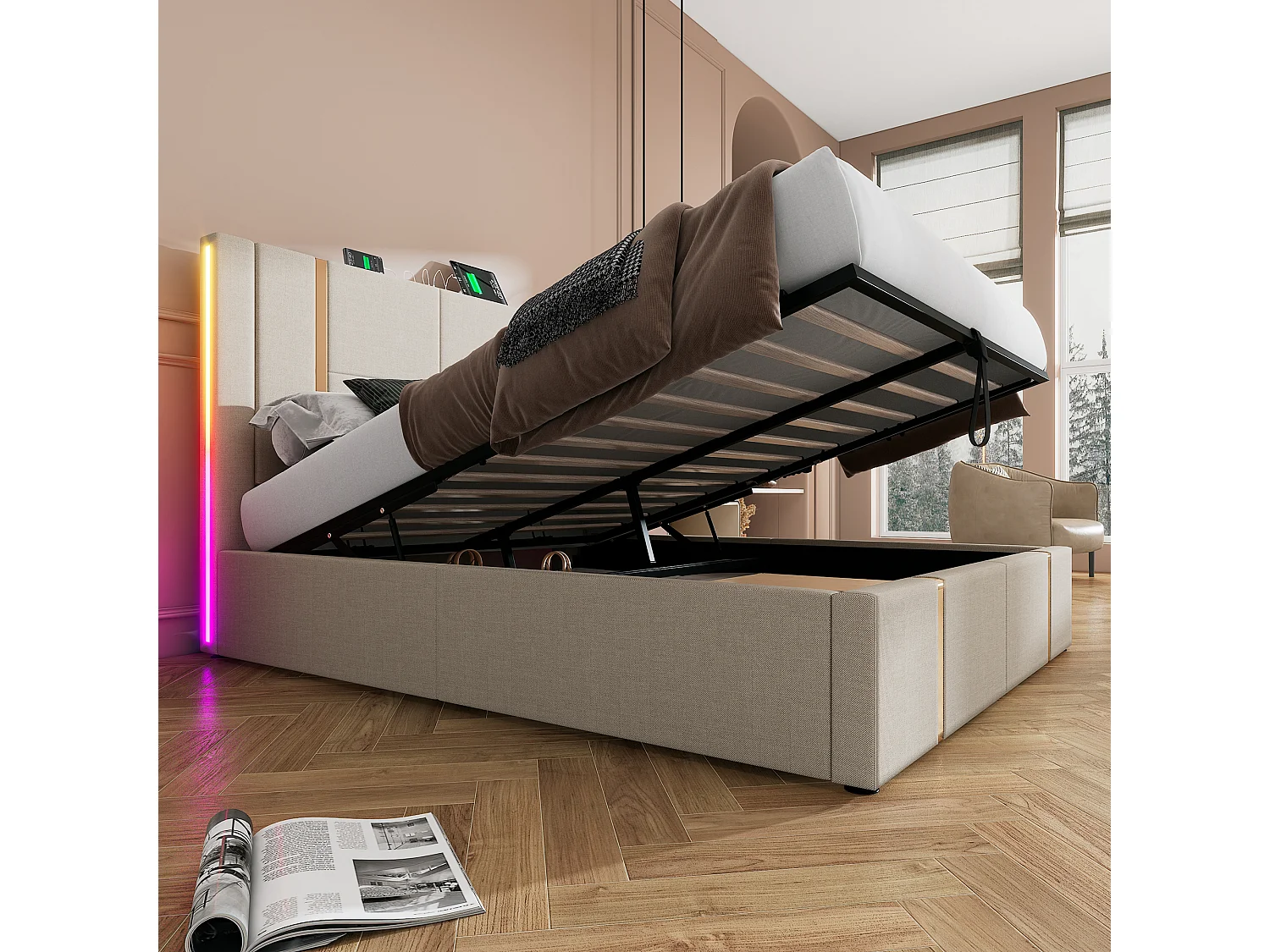 Lit Adulte 140 x 200 cm - Lit Coffre Rembourré - En Tissu Lin - Éclairage LED RGB Avec APP Et Télécommande - Beige - Sans Matelas