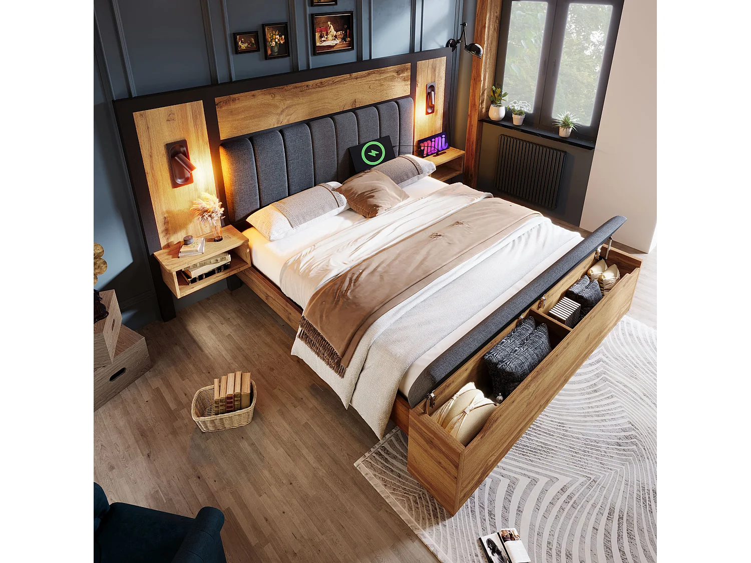 Lit 160 x 200 cm - Lit Adulte Avec Banc Coffre Et Chevets Avec Lampe Et USB Type-C - En Métal+Bois - Avec Sommier Métallique - Sans Matelas - Oak