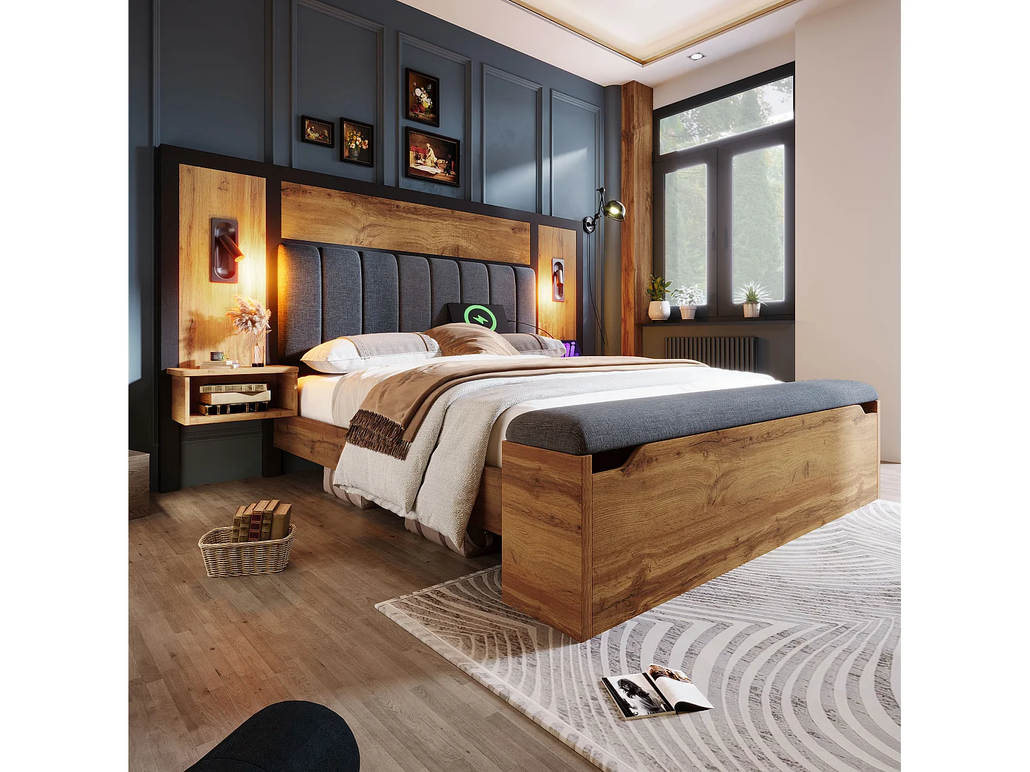 Lit 160 x 200 cm - Lit Adulte Avec Banc Coffre Et Chevets Avec Lampe Et USB Type-C - En Métal+Bois - Avec Sommier Métallique - Sans Matelas - Oak