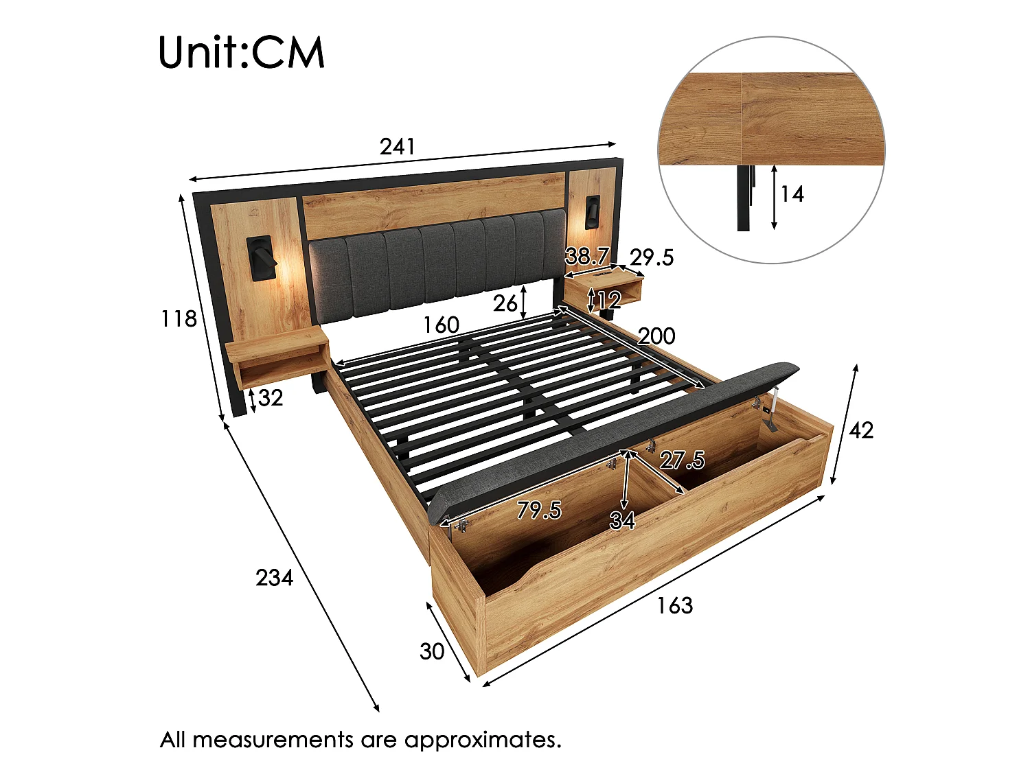 Lit 160 x 200 cm - Lit Adulte Avec Banc Coffre Et Chevets Avec Lampe Et USB Type-C - En Métal+Bois - Avec Sommier Métallique - Sans Matelas - Oak