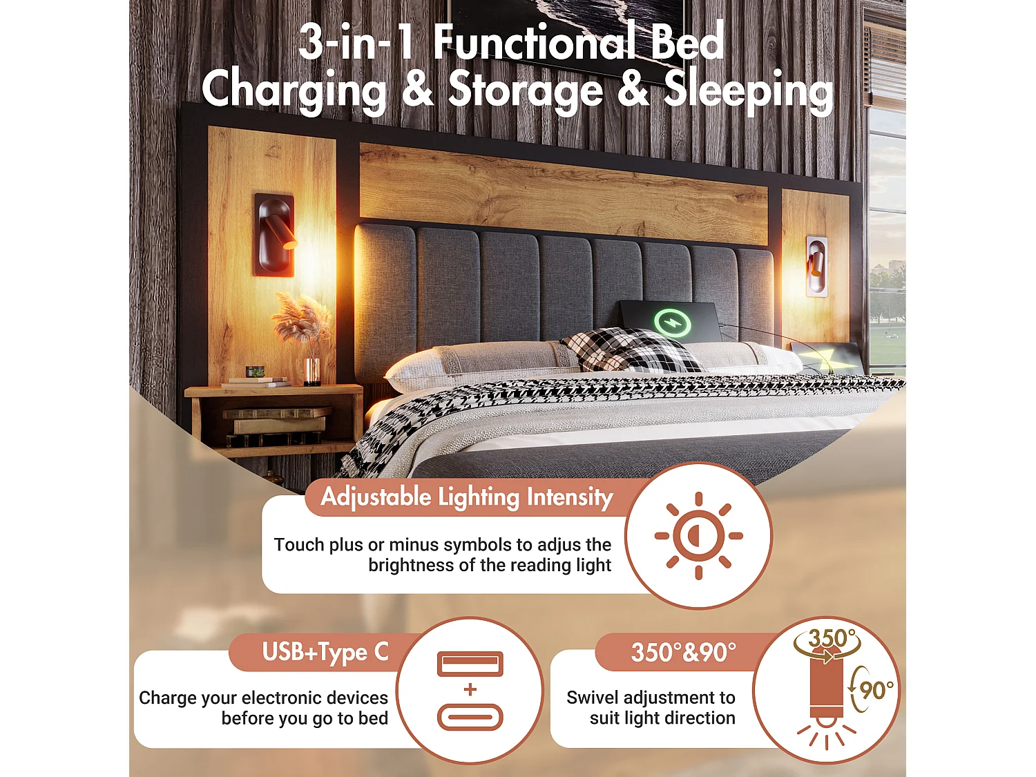 Lit 160 x 200 cm - Lit Adulte Avec Banc Coffre Et Chevets Avec Lampe Et USB Type-C - En Métal+Bois - Avec Sommier Métallique - Sans Matelas - Oak