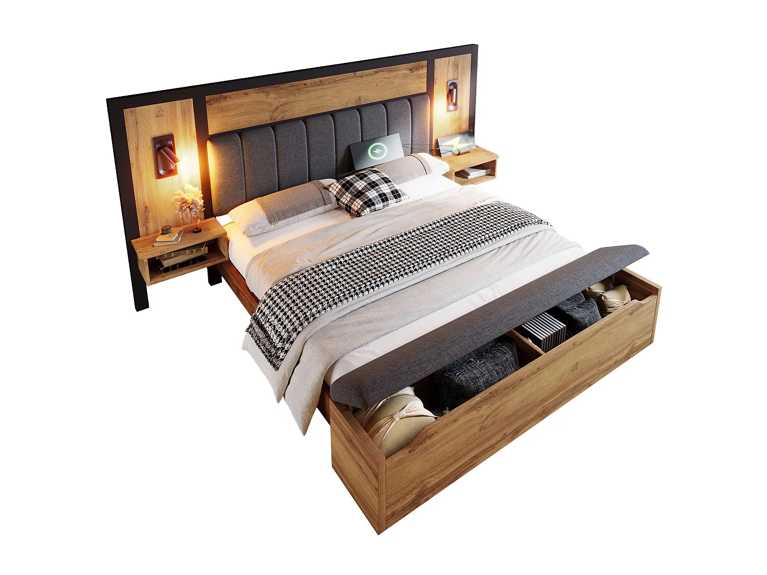 Lit 160 x 200 cm - Lit Adulte Avec Banc Coffre Et Chevets Avec Lampe Et USB Type-C - En Métal+Bois - Avec Sommier Métallique - Sans Matelas - Oak