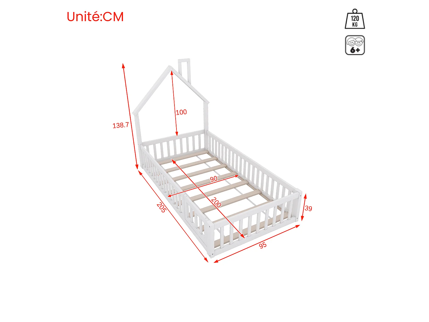 Lit Enfants 90 x 200 cm - Lit Maison Forme Cheminée Avec Sommier À Lattes Et Barrière De Sécurité - En Pin+MDF - Sans Matelas - Blanc