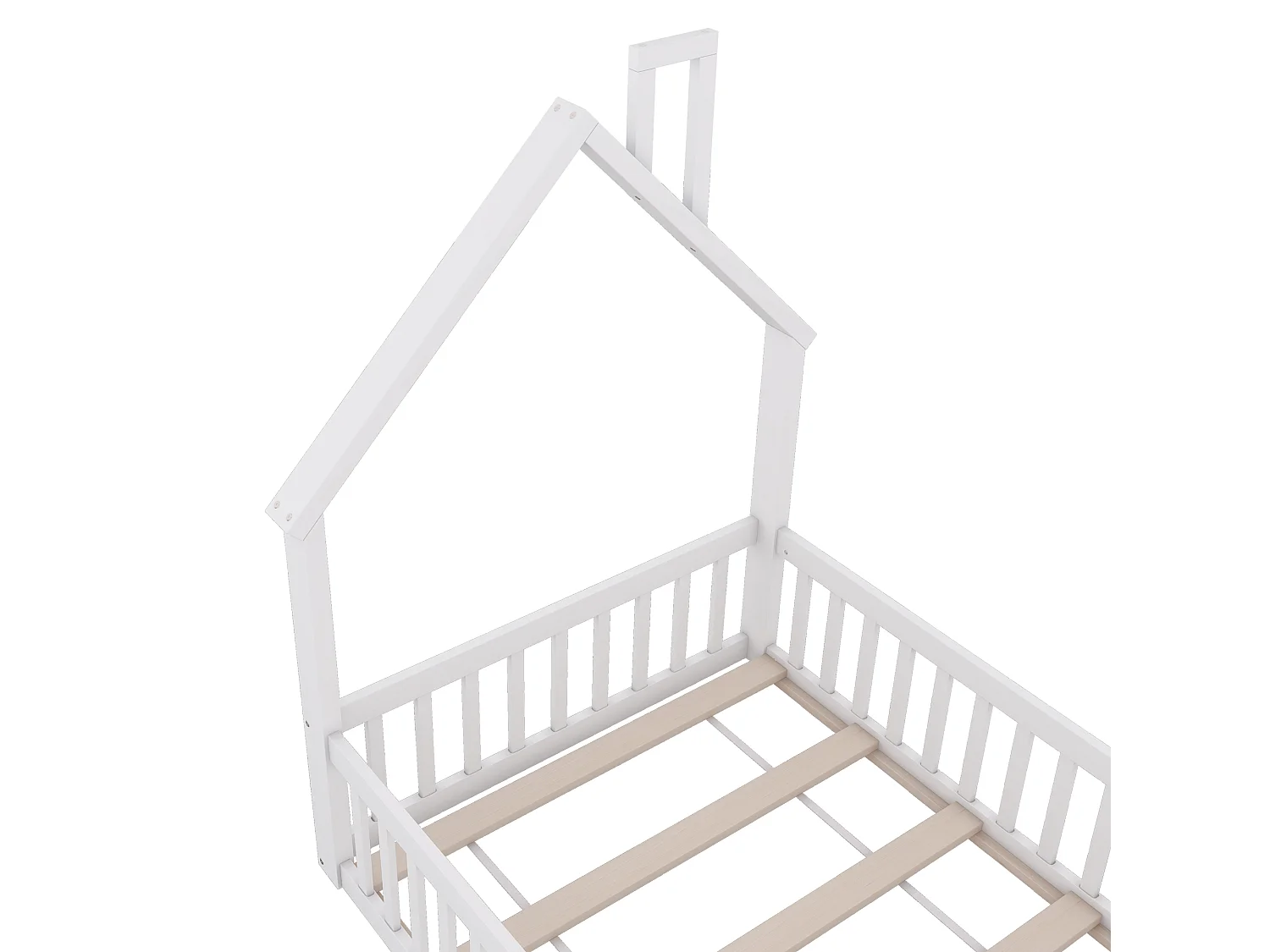 Lit Enfants 90 x 200 cm - Lit Maison Forme Cheminée Avec Sommier À Lattes Et Barrière De Sécurité - En Pin+MDF - Sans Matelas - Blanc