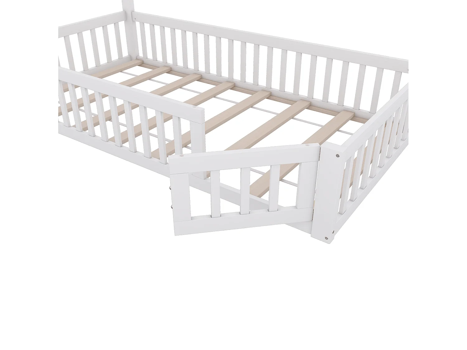 Lit Enfants 90 x 200 cm - Lit Maison Forme Cheminée Avec Sommier À Lattes Et Barrière De Sécurité - En Pin+MDF - Sans Matelas - Blanc