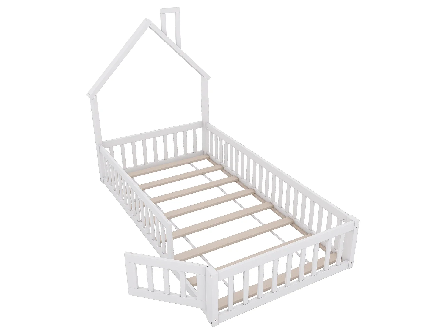 Lit Enfants 90 x 200 cm - Lit Maison Forme Cheminée Avec Sommier À Lattes Et Barrière De Sécurité - En Pin+MDF - Sans Matelas - Blanc