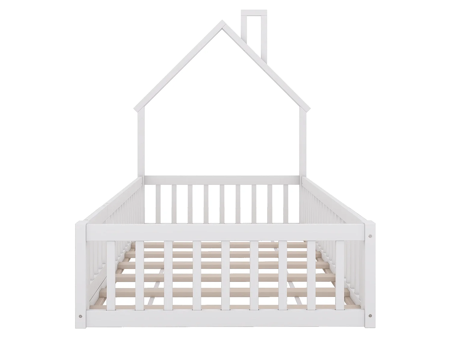 Lit Enfants 90 x 200 cm - Lit Maison Forme Cheminée Avec Sommier À Lattes Et Barrière De Sécurité - En Pin+MDF - Sans Matelas - Blanc