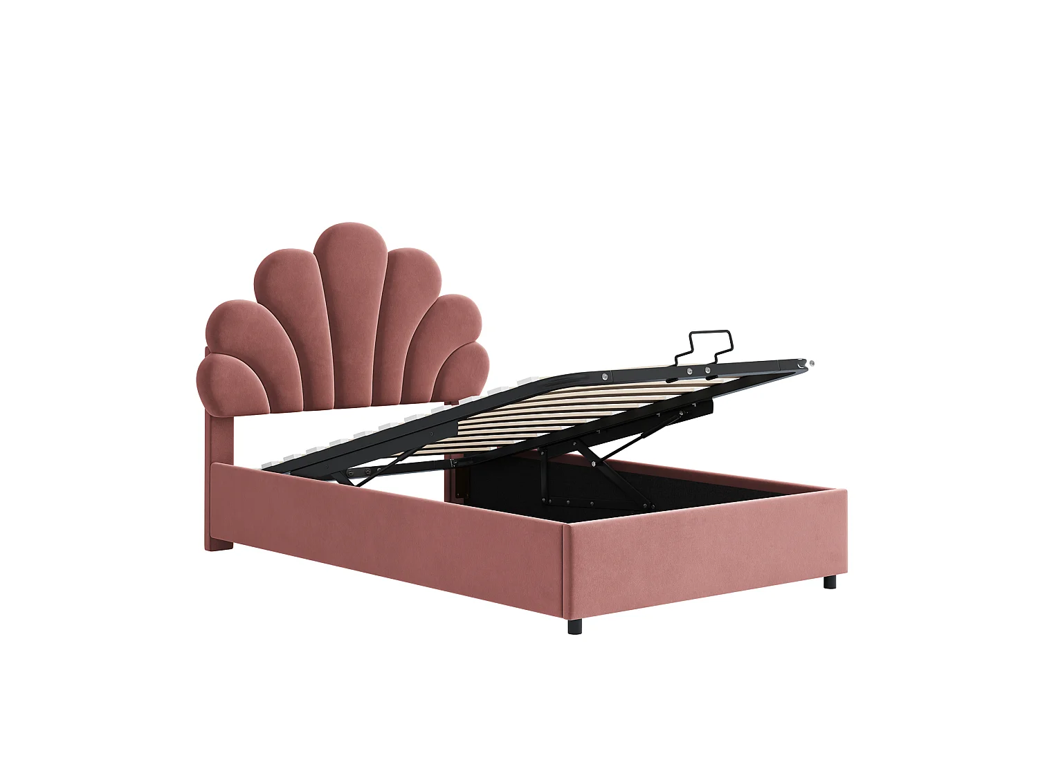 Lit enfants 90 x 200 cm - Lit capitonné coffre en Velours - Coffre hydraulique 28 cm, sommier 12 lattes - Rose - Sans matelas