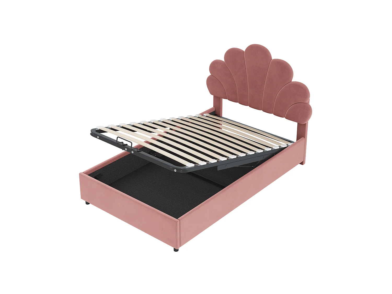 Lit enfants 90 x 200 cm - Lit capitonné coffre en Velours - Coffre hydraulique 28 cm, sommier 12 lattes - Rose - Sans matelas