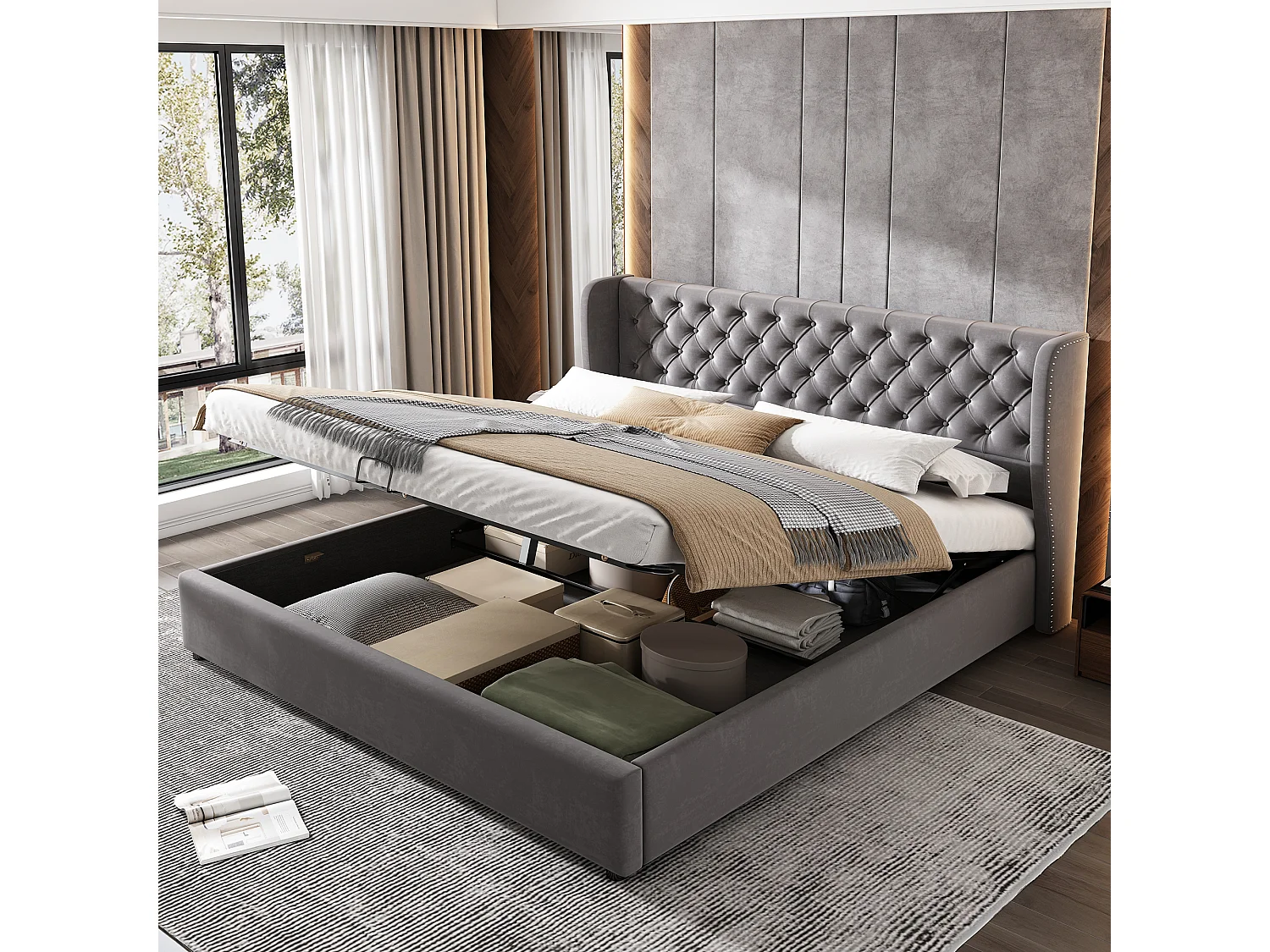 Lit 180 x 200 cm - Lit Coffre Chesterfield - En Velours - Coffre Hydraulique Et Sommier À Lattes - Tête Haute 99 cm - Sans Matelas - Gris