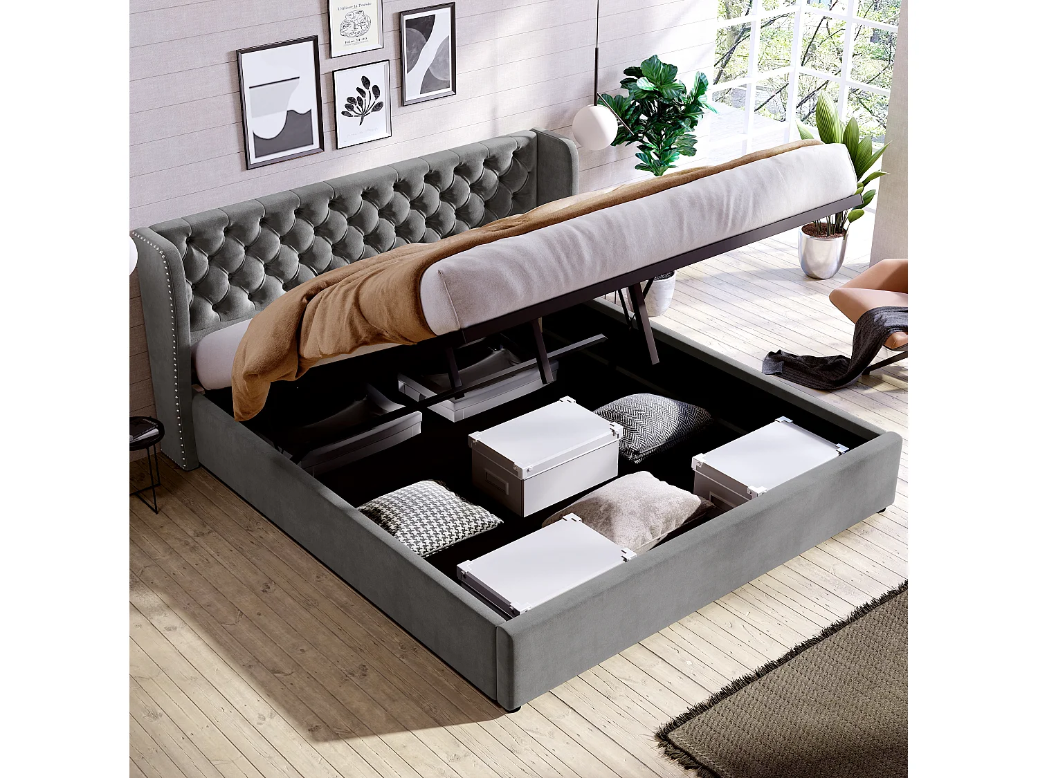 Lit 180 x 200 cm - Lit Coffre Chesterfield - En Velours - Coffre Hydraulique Et Sommier À Lattes - Tête Haute 99 cm - Sans Matelas - Gris