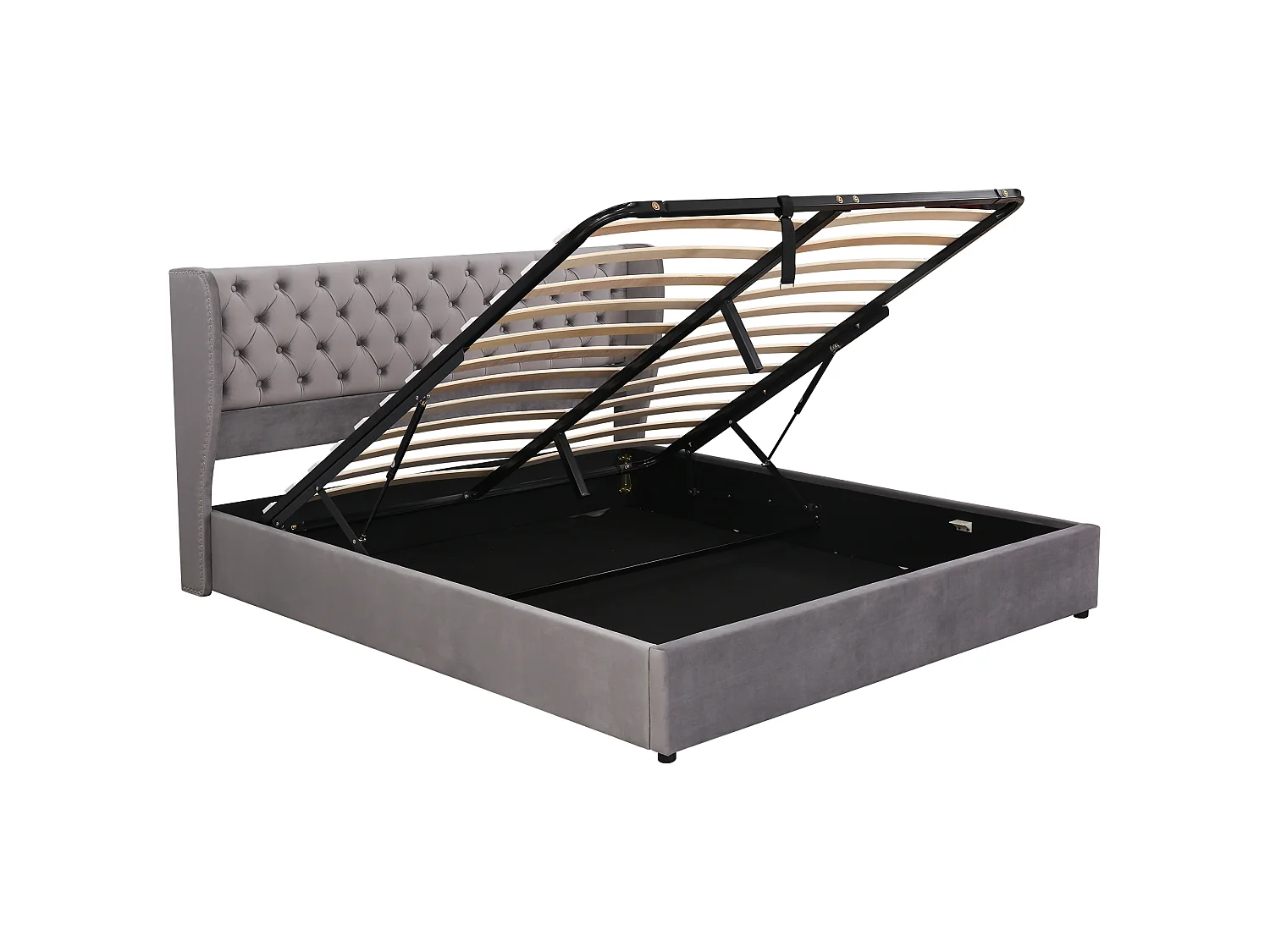 Lit 180 x 200 cm - Lit Coffre Chesterfield - En Velours - Coffre Hydraulique Et Sommier À Lattes - Tête Haute 99 cm - Sans Matelas - Gris
