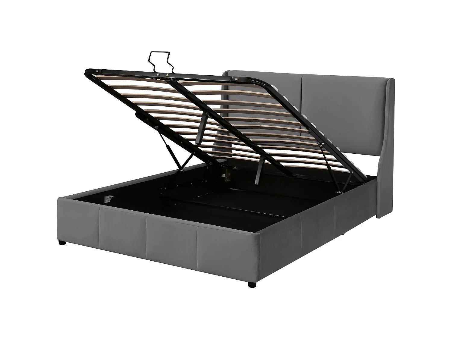 Lit 140 x 200 cm - Lit coffre rembourré tête oreillettes - En velours - Coffre hydraulique, Sommier inclus - Capitonné - Gris - Sans matelas