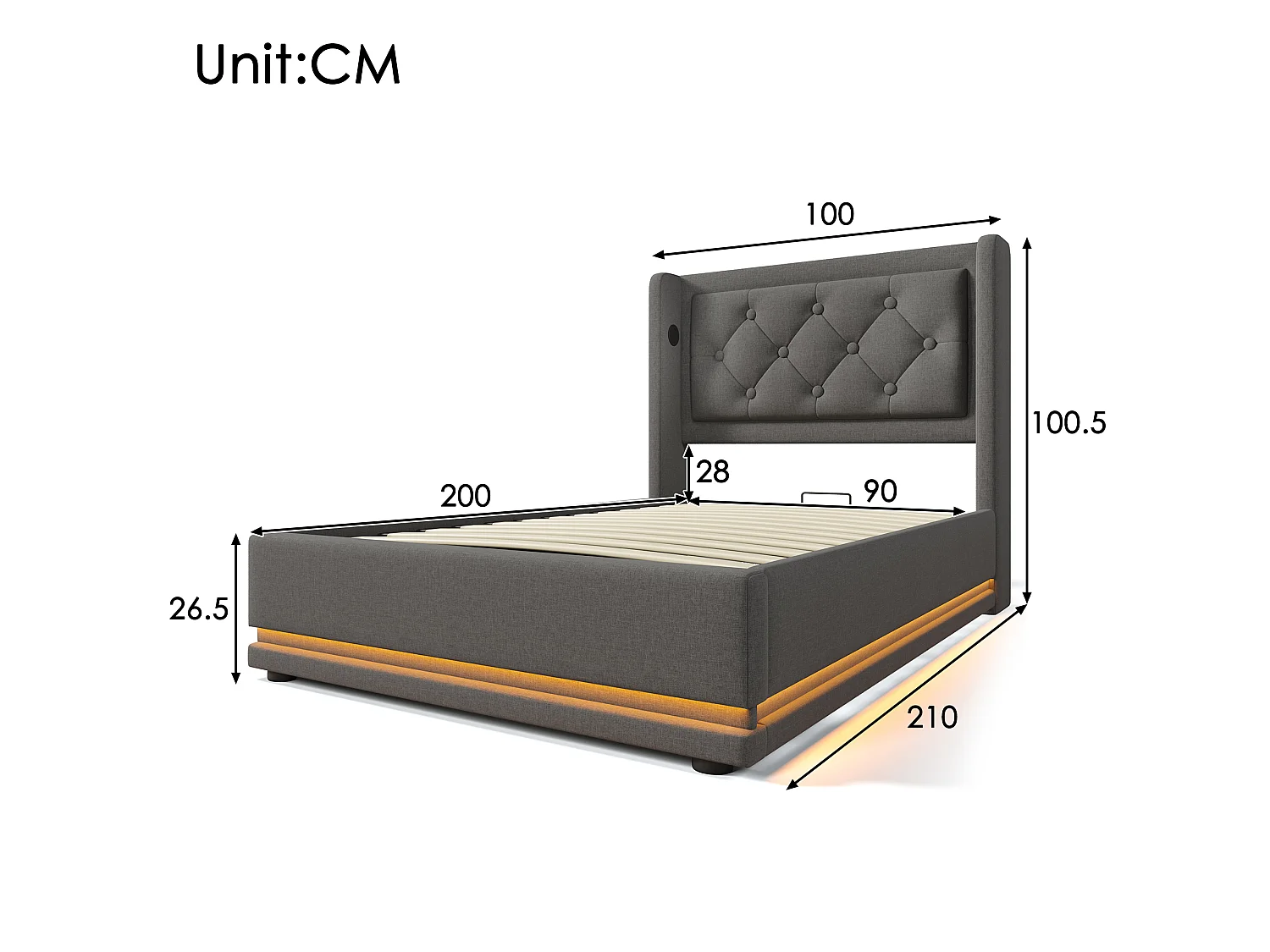Lit 90 x 200 cm - Lit Coffre Hydraulique Capitonné En Coton - Coffre Intégré, LED 3 Faces, USB Type-C - Gris - AB20149394G - Sans Matelas