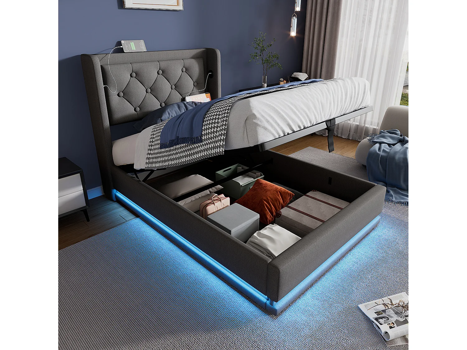 Lit 90 x 200 cm - Lit Coffre Hydraulique Capitonné En Coton - Coffre Intégré, LED 3 Faces, USB Type-C - Gris - AB20149394G - Sans Matelas