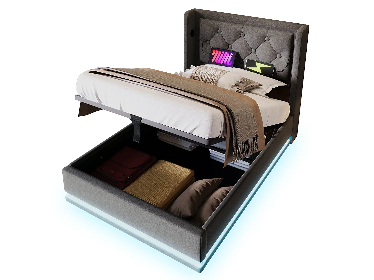 Lit 90 x 200 cm - Lit Coffre Hydraulique Capitonné En Coton - Coffre Intégré, LED 3 Faces, USB Type-C - Gris - AB20149394G - Sans Matelas