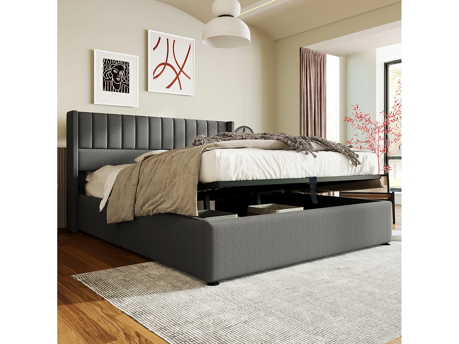 Lit 160 x 200 cm - Lit Coffre Hydraulique - En Lin - Coffre De Rangement Et Tête Rembourrée - Avec Sommier À Lattes - Sans matelas - Gris