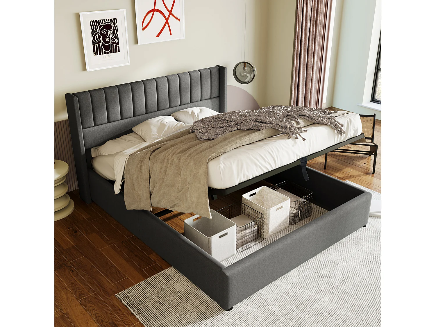 Lit 160 x 200 cm - Lit Coffre Hydraulique - En Lin - Coffre De Rangement Et Tête Rembourrée - Avec Sommier À Lattes - Sans matelas - Gris