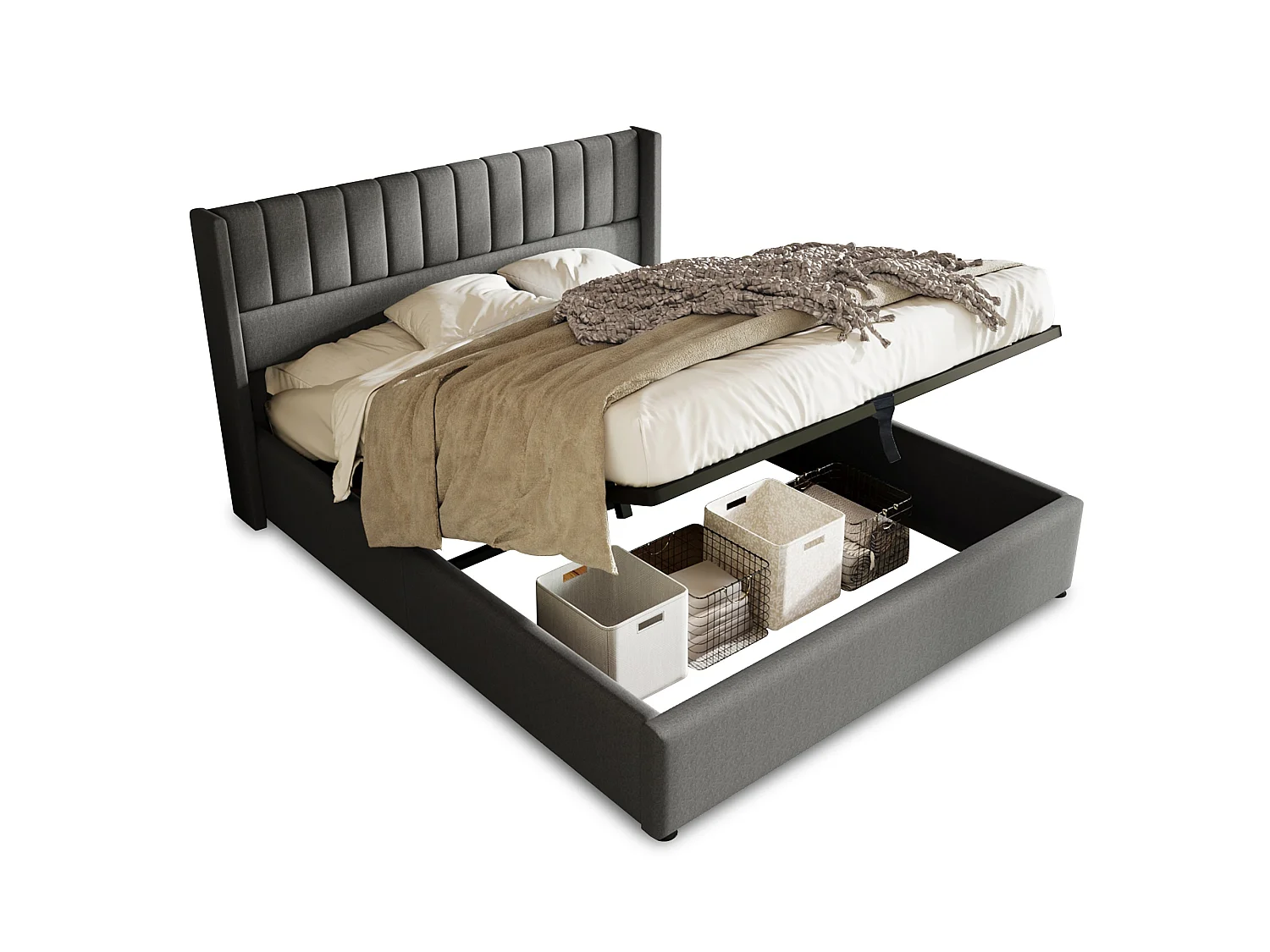 Lit 160 x 200 cm - Lit Coffre Hydraulique - En Lin - Coffre De Rangement Et Tête Rembourrée - Avec Sommier À Lattes - Sans matelas - Gris