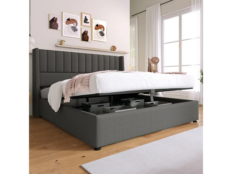 Lit 160 x 200 cm - Lit Coffre Hydraulique - En Lin - Coffre De Rangement Et Tête Rembourrée - Avec Sommier À Lattes - Sans matelas - Gris