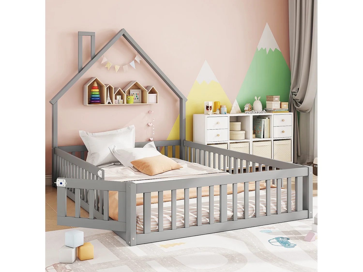 Lit enfants 140 x 190 cm - Lit forme cheminée avec barrières de sécurité et sommier à lattes, Sans matelas - En Pin+MDF - Style minimaliste - Gris