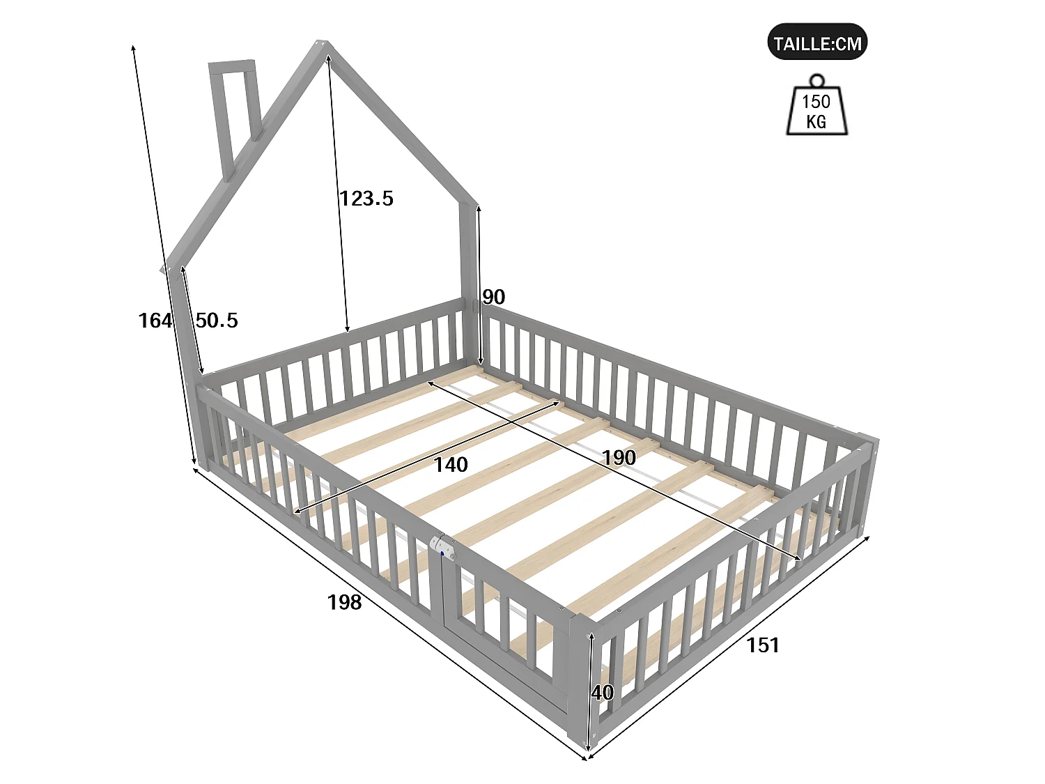 Lit enfants 140 x 190 cm - Lit forme cheminée avec barrières de sécurité et sommier à lattes, Sans matelas - En Pin+MDF - Style minimaliste - Gris