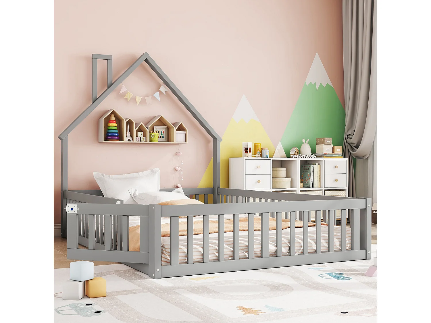Lit enfants 140 x 190 cm - Lit forme cheminée avec barrières de sécurité et sommier à lattes, Sans matelas - En Pin+MDF - Style minimaliste - Gris