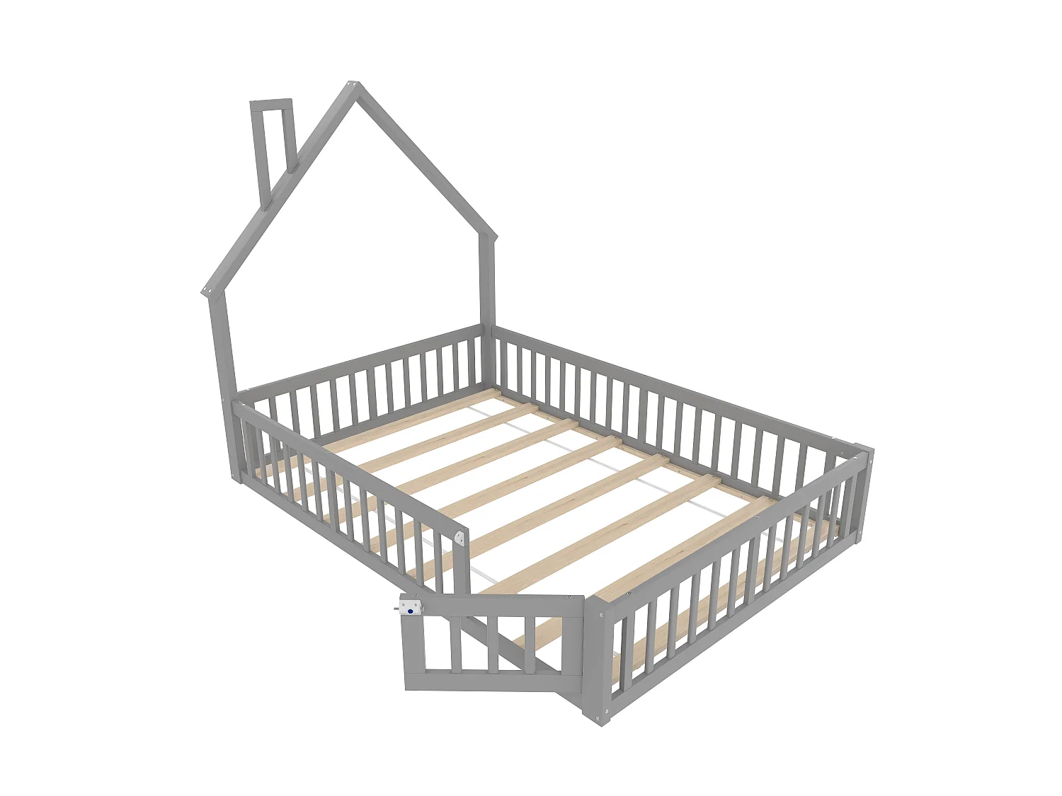 Lit enfants 140 x 190 cm - Lit forme cheminée avec barrières de sécurité et sommier à lattes, Sans matelas - En Pin+MDF - Style minimaliste - Gris