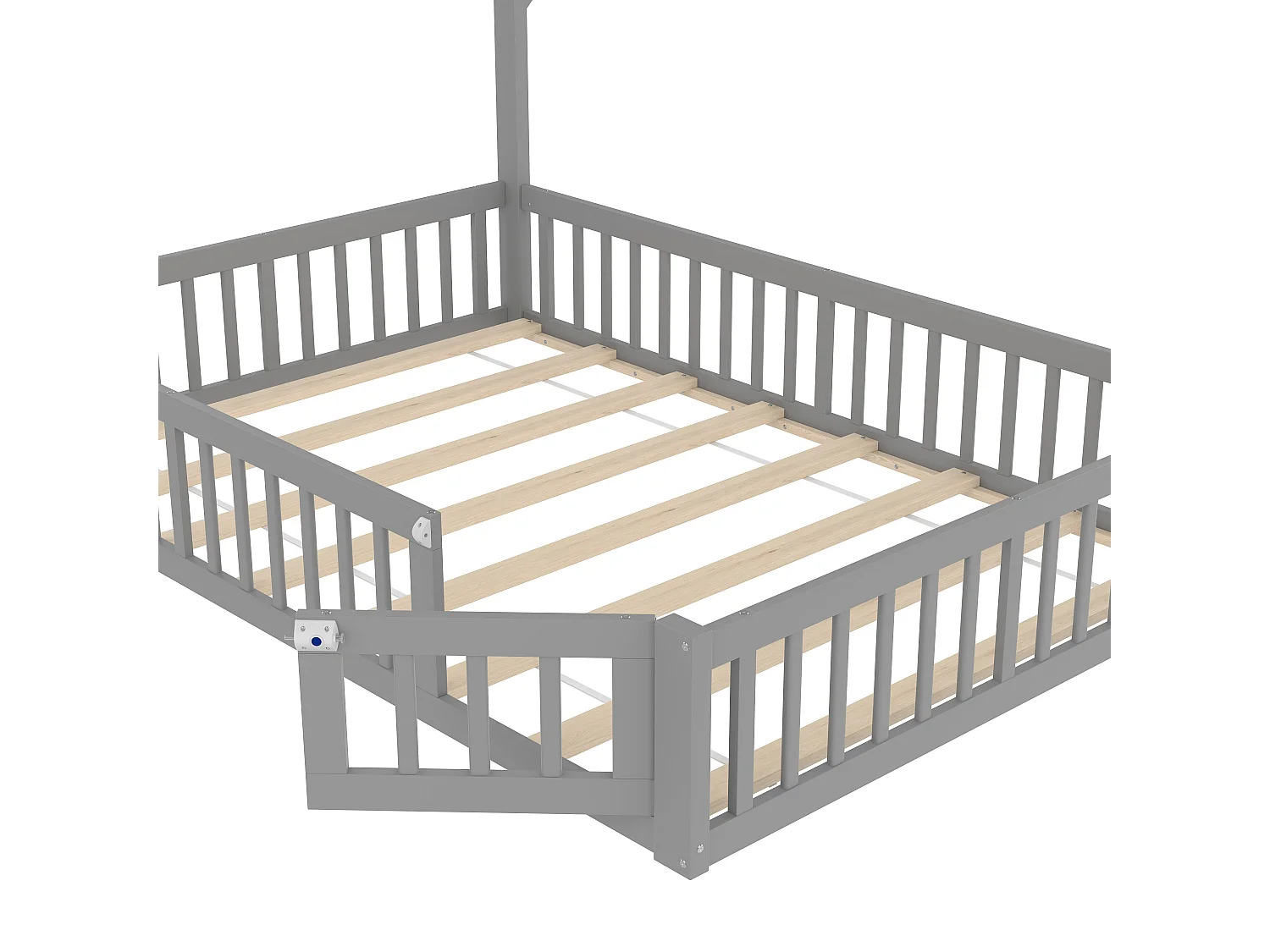 Lit enfants 140 x 190 cm - Lit forme cheminée avec barrières de sécurité et sommier à lattes, Sans matelas - En Pin+MDF - Style minimaliste - Gris