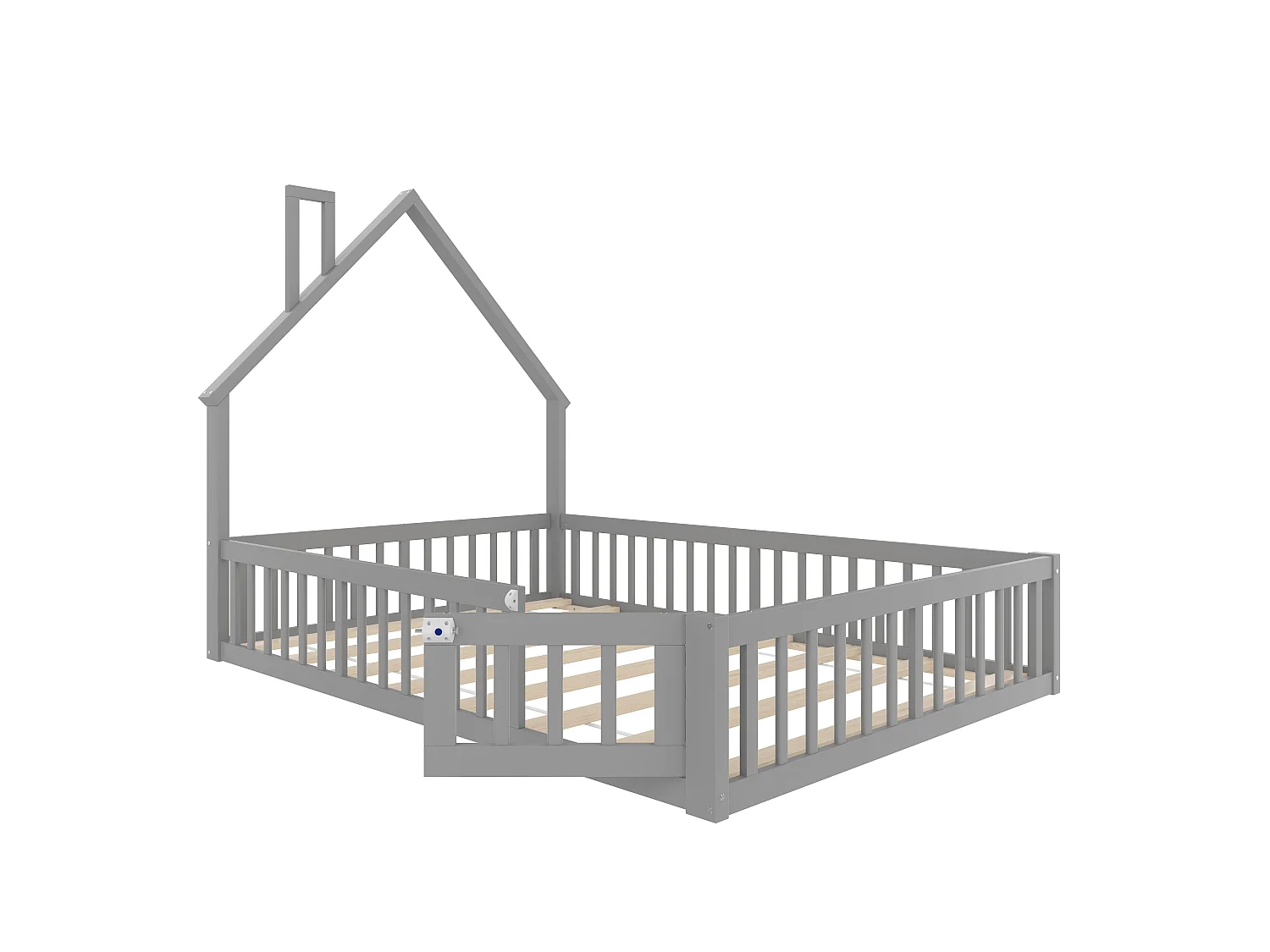 Lit enfants 140 x 190 cm - Lit forme cheminée avec barrières de sécurité et sommier à lattes, Sans matelas - En Pin+MDF - Style minimaliste - Gris