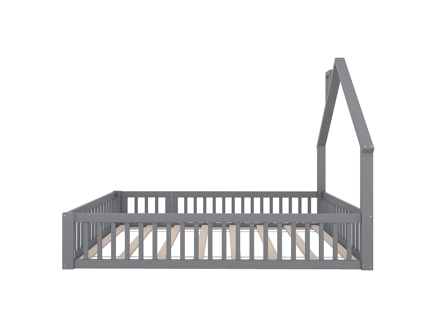 Lit enfants 140 x 190 cm - Lit forme cheminée avec barrières de sécurité et sommier à lattes, Sans matelas - En Pin+MDF - Style minimaliste - Gris