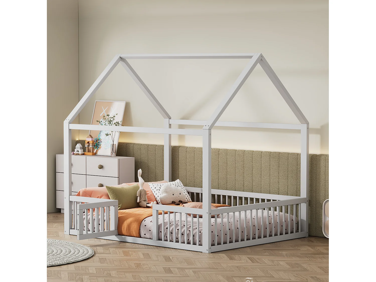 Lit Enfant 140 x 200 cm - Lit Maison avec Barrières de Sécurité de 35,5 cm et Petite Porte - En Pin+MDF - 15 Lattes - Sans Matelas - Blanc - Modèle Maison