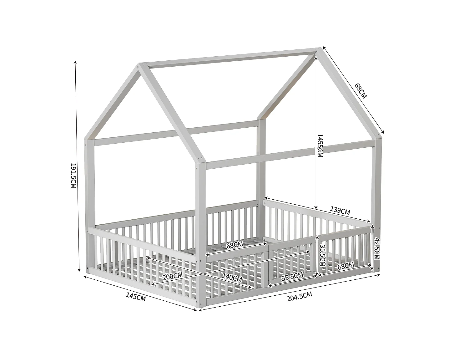 Lit Enfant 140 x 200 cm - Lit Maison avec Barrières de Sécurité de 35,5 cm et Petite Porte - En Pin+MDF - 15 Lattes - Sans Matelas - Blanc - Modèle Maison