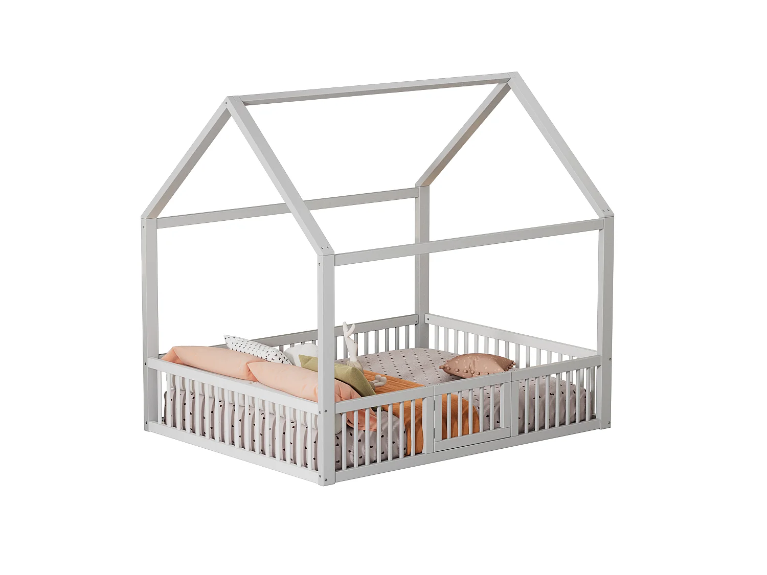 Lit Enfant 140 x 200 cm - Lit Maison avec Barrières de Sécurité de 35,5 cm et Petite Porte - En Pin+MDF - 15 Lattes - Sans Matelas - Blanc - Modèle Maison