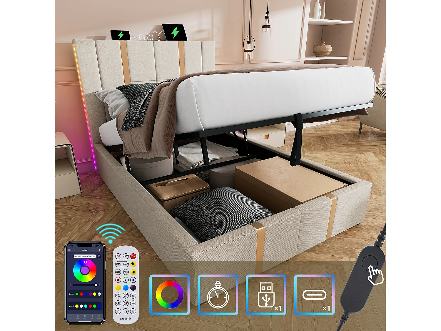 Lit adulte 90 x 200 cm - Lit coffre à sommier lattes - En tissu lin - LED RGB + USB/Type-C - Beige Sans matelas