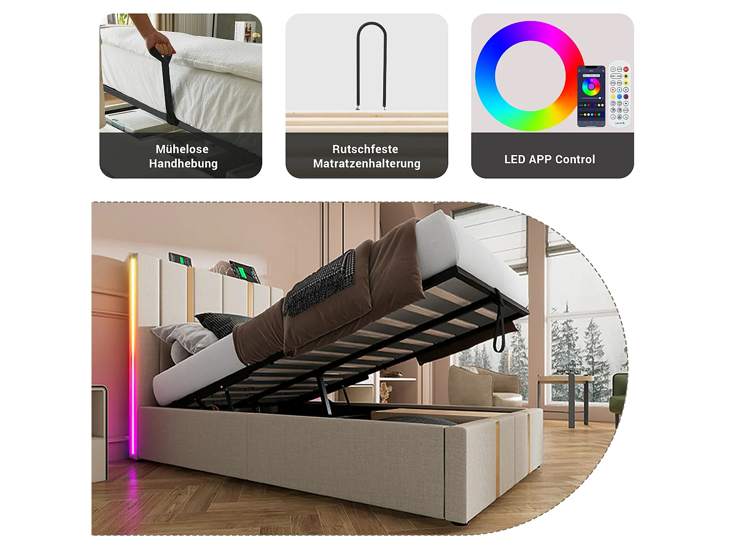 Lit adulte 90 x 200 cm - Lit coffre à sommier lattes - En tissu lin - LED RGB + USB/Type-C - Beige Sans matelas