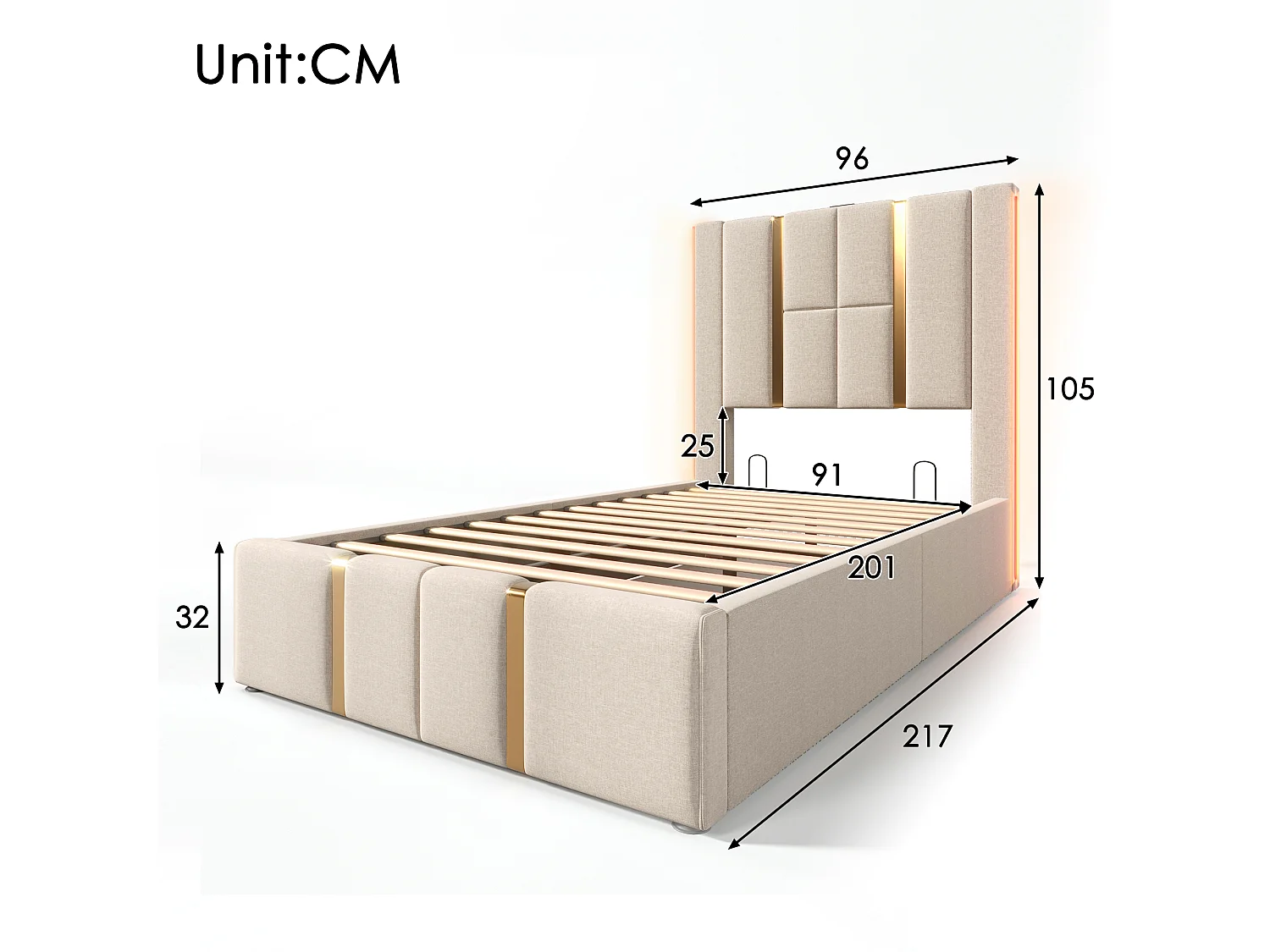 Lit adulte 90 x 200 cm - Lit coffre à sommier lattes - En tissu lin - LED RGB + USB/Type-C - Beige Sans matelas