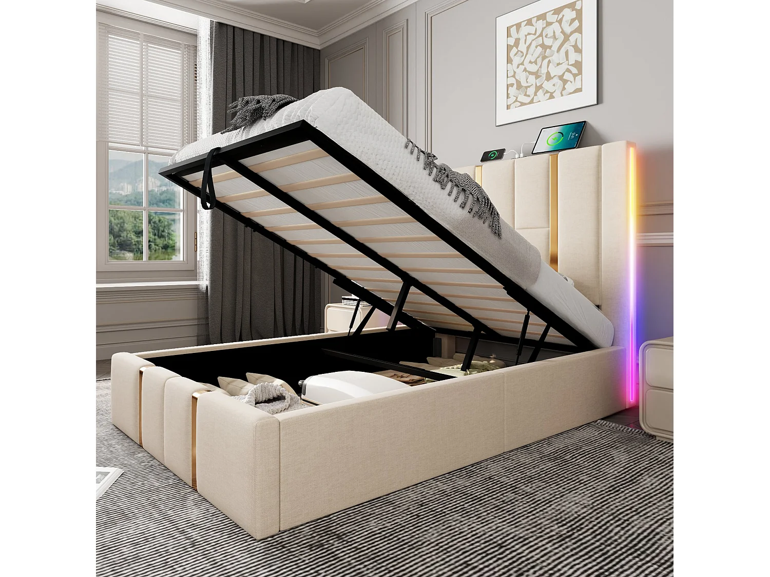 Lit adulte 90 x 200 cm - Lit coffre à sommier lattes - En tissu lin - LED RGB + USB/Type-C - Beige Sans matelas
