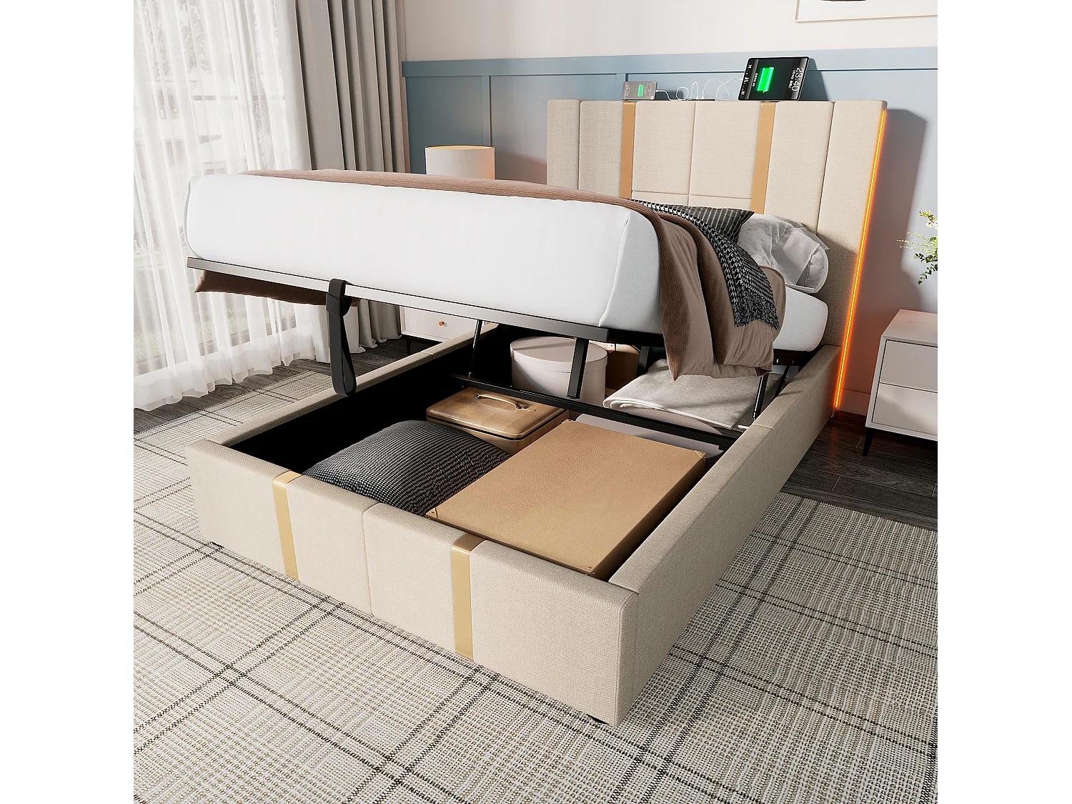 Lit adulte 90 x 200 cm - Lit coffre à sommier lattes - En tissu lin - LED RGB + USB/Type-C - Beige Sans matelas