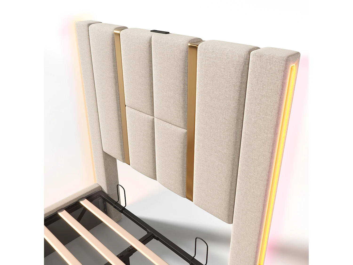 Lit adulte 90 x 200 cm - Lit coffre à sommier lattes - En tissu lin - LED RGB + USB/Type-C - Beige Sans matelas