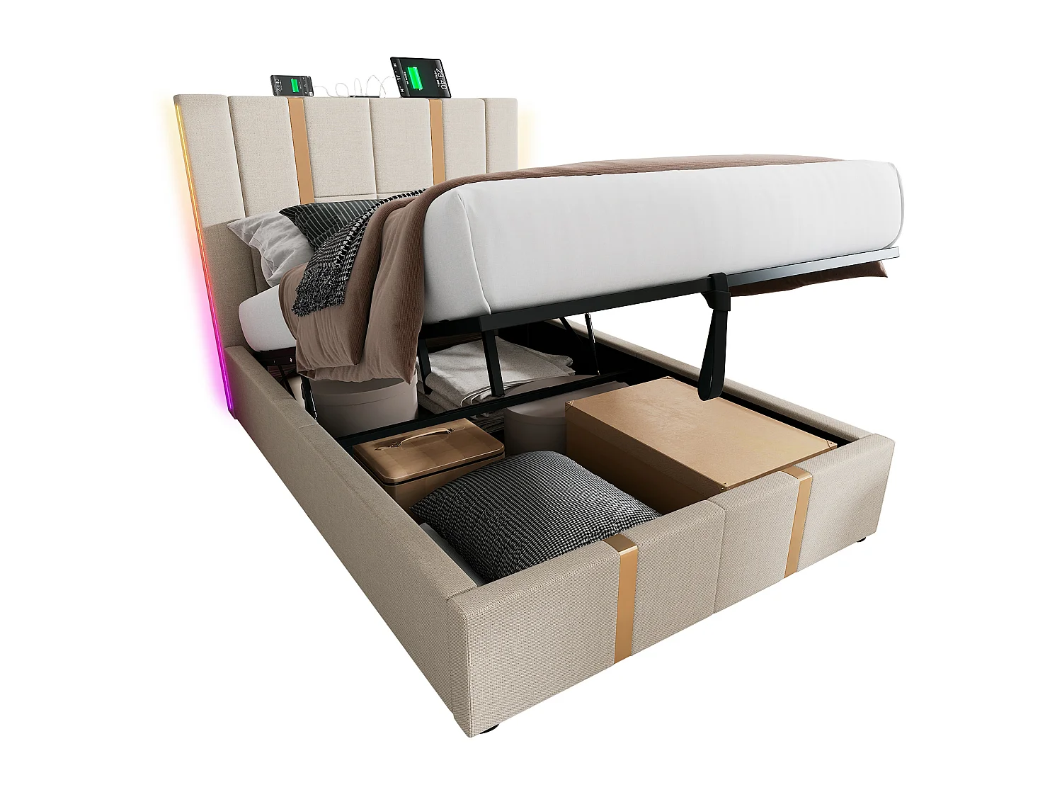 Lit adulte 90 x 200 cm - Lit coffre à sommier lattes - En tissu lin - LED RGB + USB/Type-C - Beige Sans matelas