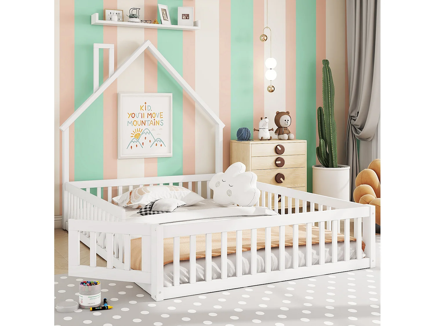Lit enfants 140 x 200 cm - Lit cheminée ludique - En Pin+MDF - Avec sommier à lattes (sans matelas) - Barrières de sécurité intégrées - Blanc