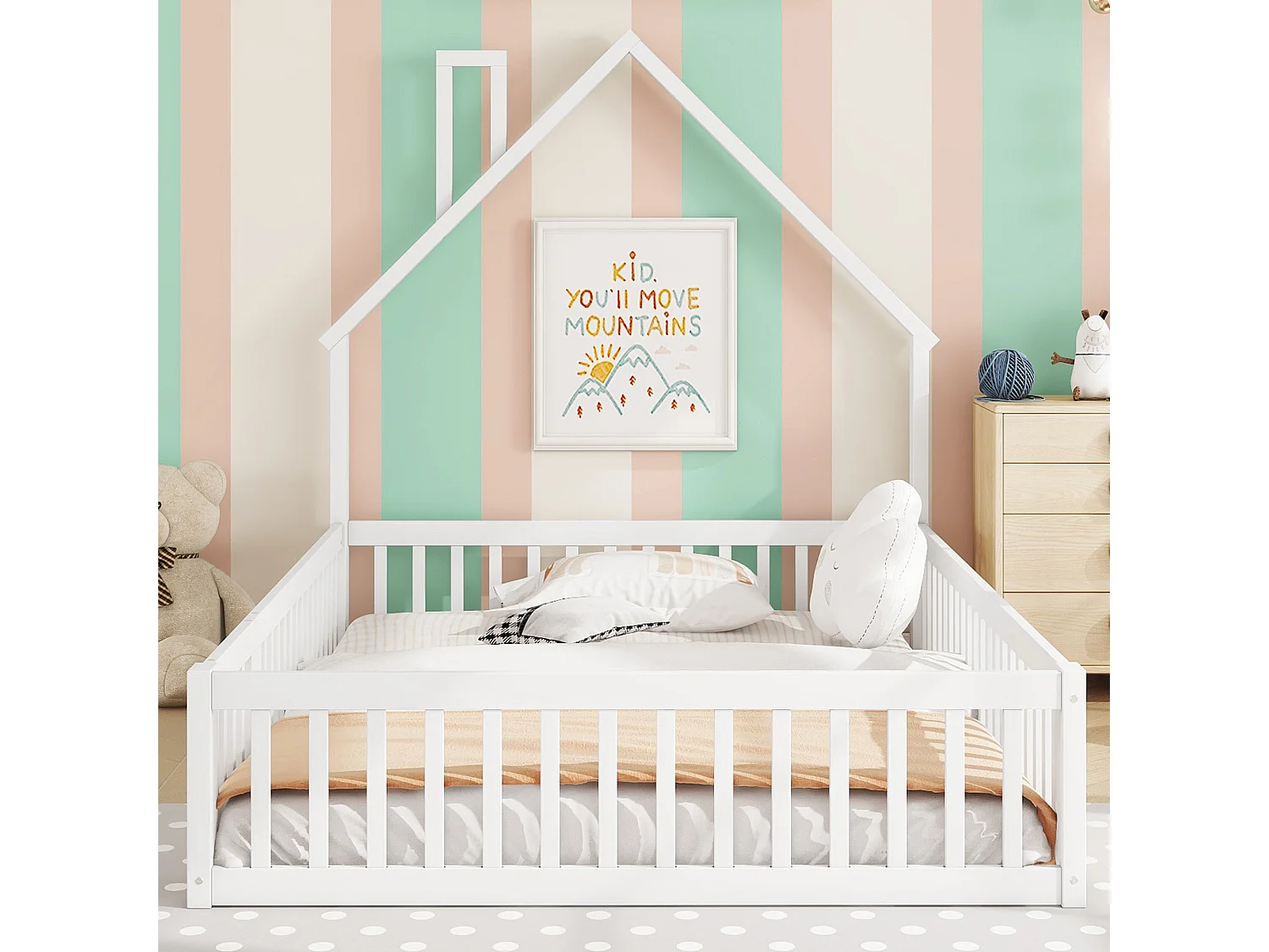 Lit enfants 140 x 200 cm - Lit cheminée ludique - En Pin+MDF - Avec sommier à lattes (sans matelas) - Barrières de sécurité intégrées - Blanc
