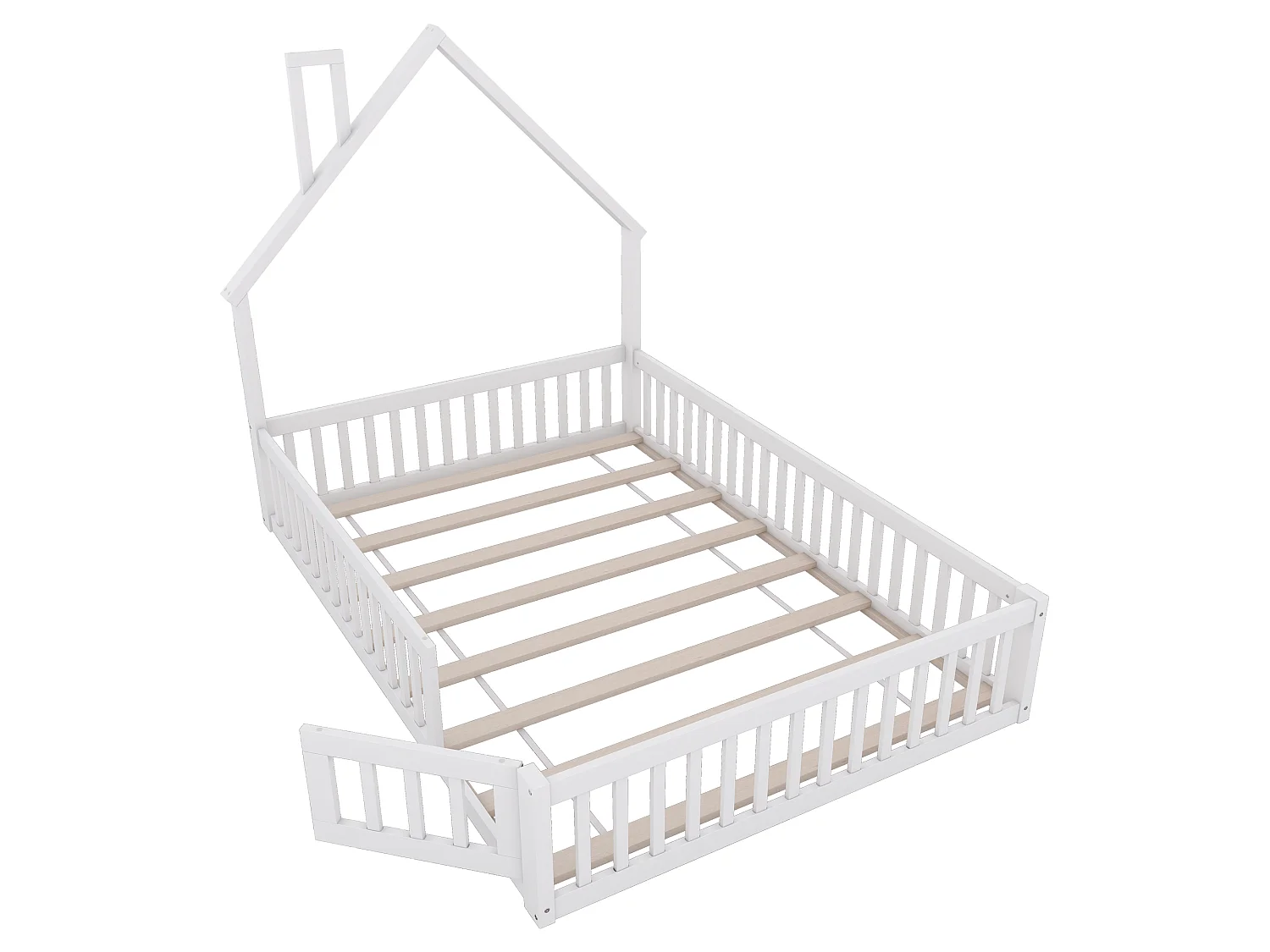 Lit enfants 140 x 200 cm - Lit cheminée ludique - En Pin+MDF - Avec sommier à lattes (sans matelas) - Barrières de sécurité intégrées - Blanc