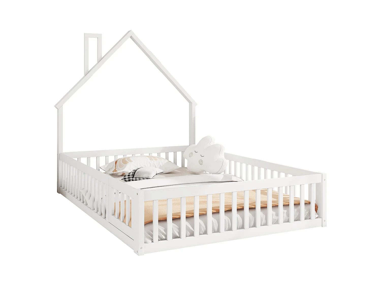Lit enfants 140 x 200 cm - Lit cheminée ludique - En Pin+MDF - Avec sommier à lattes (sans matelas) - Barrières de sécurité intégrées - Blanc